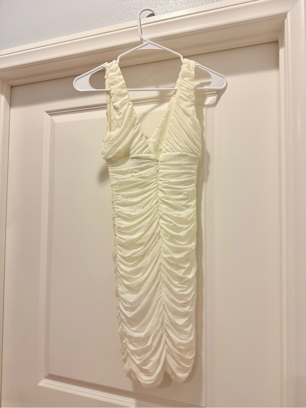 Bebe XS White Ruched Mesh Bodycon Midi Dress Y2K Deep V
